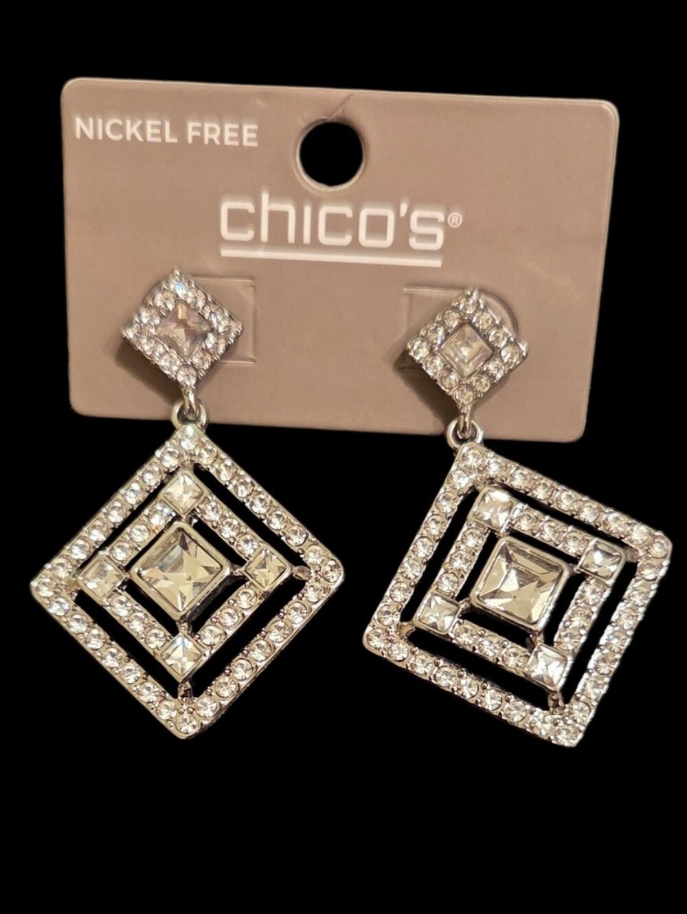 Chico's Geometric Crystal Rhinestone Statement Dangle Earrings Nickel Free NWT